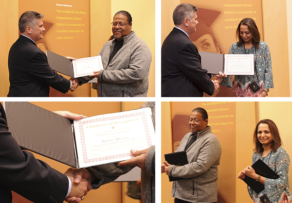 photo collage of Robert Krause and Jayshree Panchal receiving certificates from Board VP David Stolle.