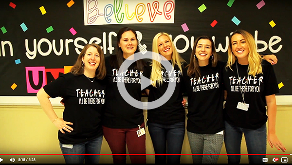 Link to video-5 teachers wearing TEACHER I'll be there for you T-shirts