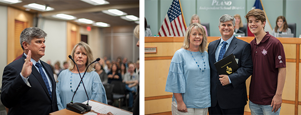 David Stolle raised hand taking oath, and family