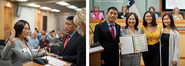 Heather Wang with raised hand taking oath, and family