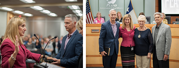 Jeri Chamber with raised hand taking oath, and family