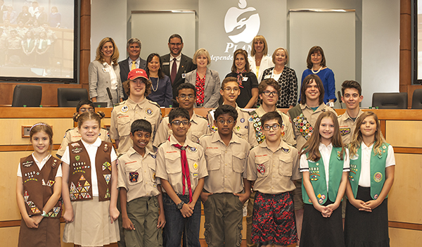 Boy and Girl Scouts with Board of Trustees