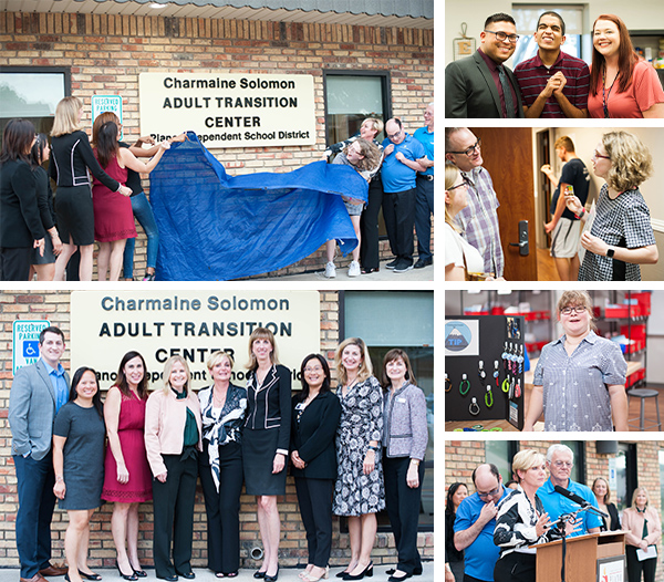 Collage of district and City Leaders unveiling sign with students and smaller photos of staff and students